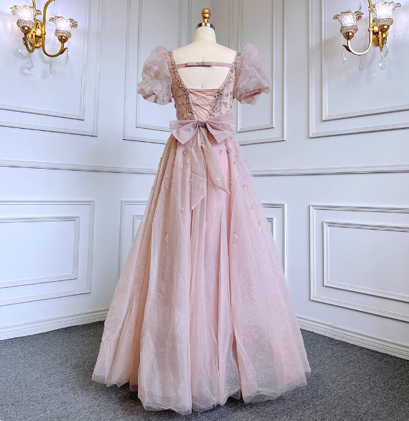 Princess Dreamy Pink A-line Square Neck Puff Sleeve Beaded Tulle Long Prom Dress Evening Dress P4512