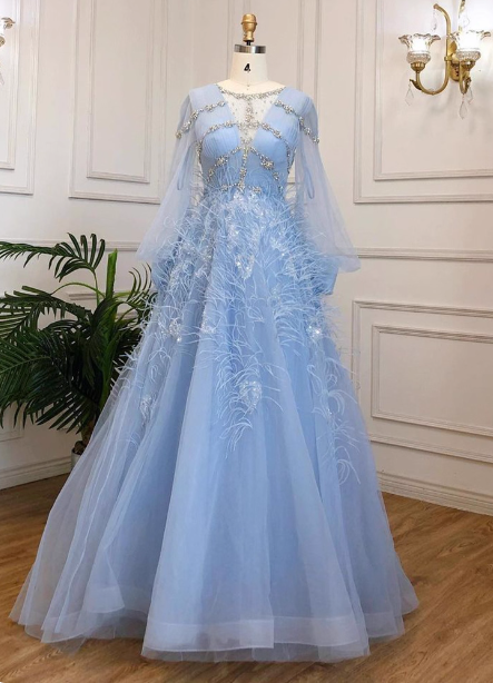 Princess Sky Blue Long Crew Neck Feather Sparkling Diamond Tulle Prom Dress Evening Dress P4513