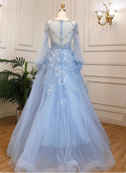 Princess Sky Blue Long Crew Neck Feather Sparkling Diamond Tulle Prom Dress Evening Dress P4513
