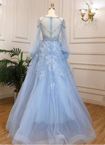 Princess Sky Blue Long Crew Neck Feather Sparkling Diamond Tulle Prom Dress Evening Dress P4513