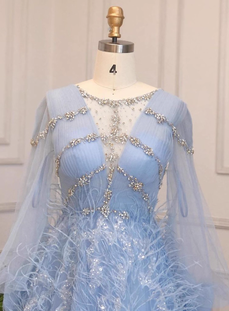 Princess Sky Blue Long Crew Neck Feather Sparkling Diamond Tulle Prom Dress Evening Dress P4513