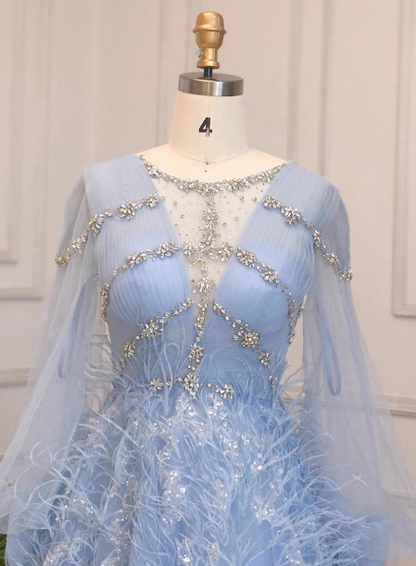 Princess Sky Blue Long Crew Neck Feather Sparkling Diamond Tulle Prom Dress Evening Dress P4513