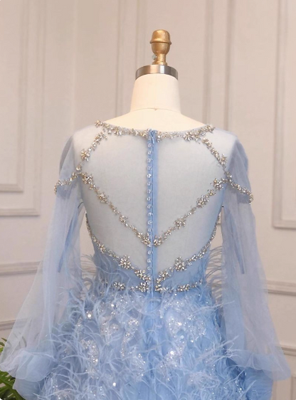 Princess Sky Blue Long Crew Neck Feather Sparkling Diamond Tulle Prom Dress Evening Dress P4513