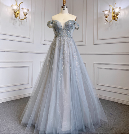 Elegantes staubblaues A-Linien-Off-Shoulder Perlenbesetztes Tüll langes Ballkleid Abendkleid P4514