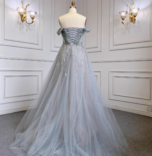 Elegant Dusty Blue A-line Off-the-shoulder Beaded Tulle Long Prom Dress Evening Dress P4514
