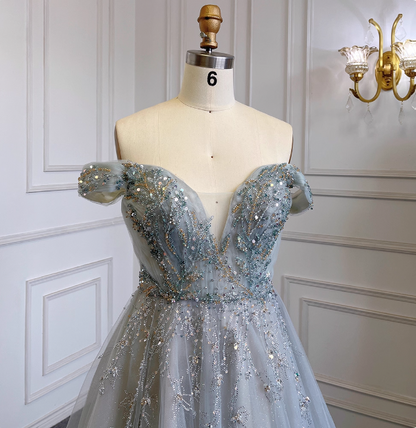 Elegantes staubblaues A-Linien-Off-Shoulder Perlenbesetztes Tüll langes Ballkleid Abendkleid P4514