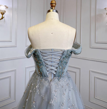 Elegantes staubblaues A-Linien-Off-Shoulder Perlenbesetztes Tüll langes Ballkleid Abendkleid P4514