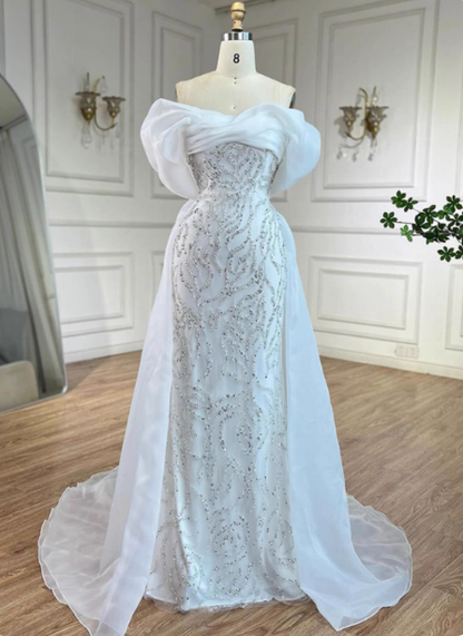 Luxuriöses Palace White Meerjungfrau Off-Shoulder Perlenbesetztes Tüll Schleppe Ballkleid Abendkleid P4516