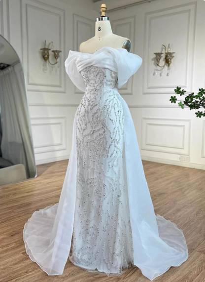 Luxuriöses Palace White Meerjungfrau Off-Shoulder Perlenbesetztes Tüll Schleppe Ballkleid Abendkleid P4516