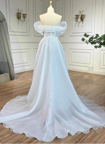 Luxuriöses Palace White Meerjungfrau Off-Shoulder Perlenbesetztes Tüll Schleppe Ballkleid Abendkleid P4516