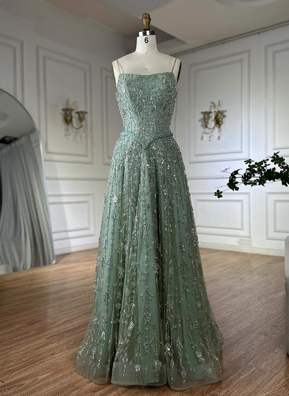 Wunderschönes grünes A-Linien-Kleid mit quadratischem Ausschnitt, Spaghettiträgern, Perlenstickerei und Tüll für den Abschlussball oder Abend P4517