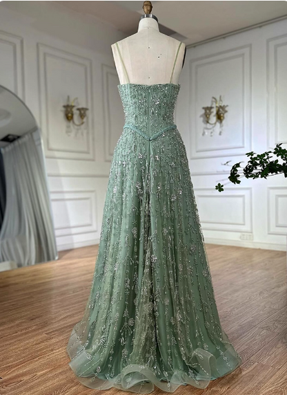 Wunderschönes grünes A-Linien-Kleid mit quadratischem Ausschnitt, Spaghettiträgern, Perlenstickerei und Tüll für den Abschlussball oder Abend P4517