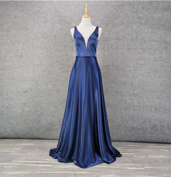 Elegantes, marineblaues A-Linien-Abendkleid aus Satin mit V-Ausschnitt P4519