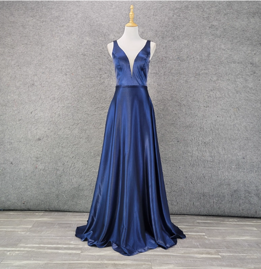Elegant Navy Blue A-line V-neck Satin Long Prom Dress Evening Dress P4519