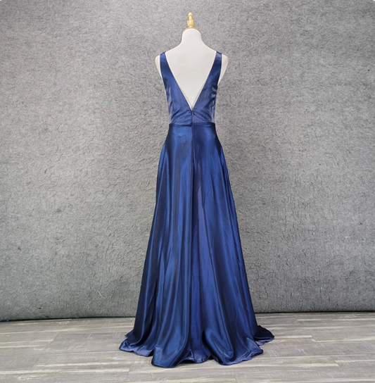 Elegant Navy Blue A-line V-neck Satin Long Prom Dress Evening Dress P4519