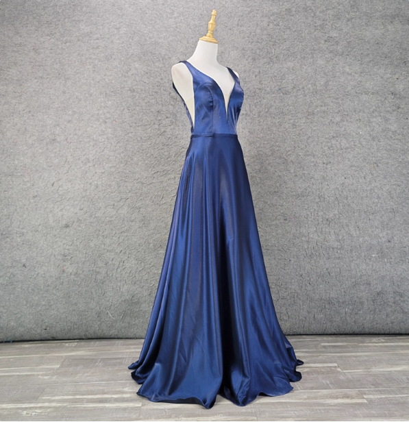 Elegantes, marineblaues A-Linien-Abendkleid aus Satin mit V-Ausschnitt P4519