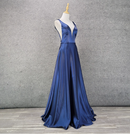 Elegantes, marineblaues A-Linien-Abendkleid aus Satin mit V-Ausschnitt P4519