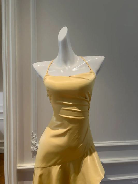 Elegant Yellow Irregular Halter Neck Satin Short Front Long Back Prom Dress P4052