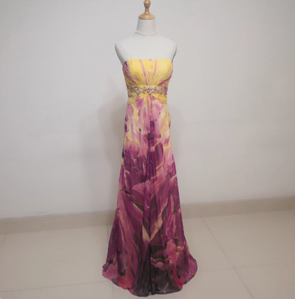 Wunderschönes trägerloses A-Linien-Ballkleid aus bedrucktem Chiffon, langes Abendkleid P4520