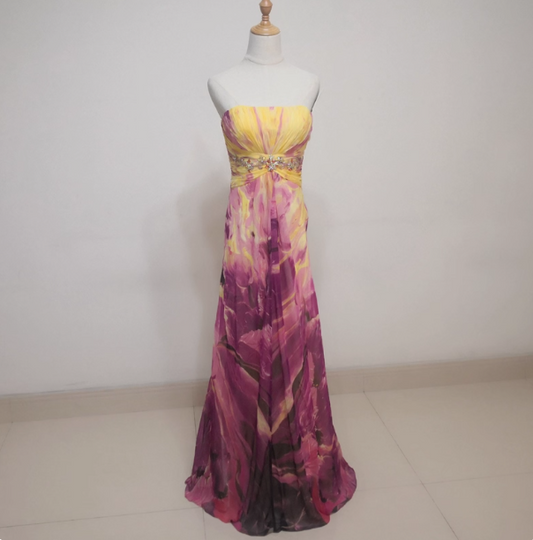 Gorgeous Strapless A-line Printed Chiffon Long Prom Dress Evening Dress P4520