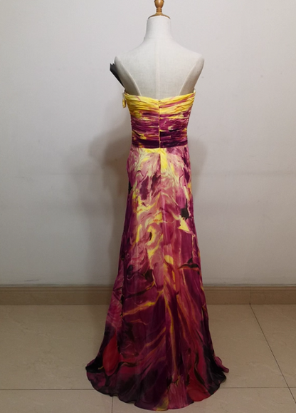 Wunderschönes trägerloses A-Linien-Ballkleid aus bedrucktem Chiffon, langes Abendkleid P4520