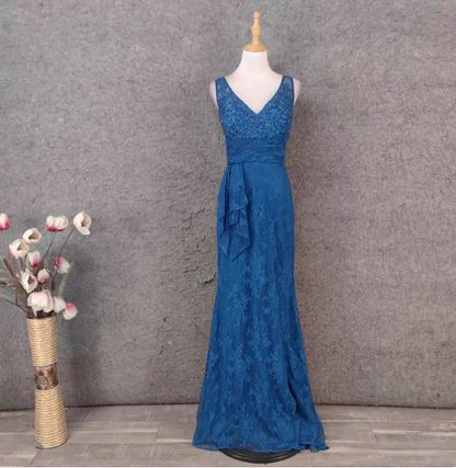 Elegantes Vintage Königblaues V-Ausschnitt Spitzen Langes Ballkleid Abendkleid P4521