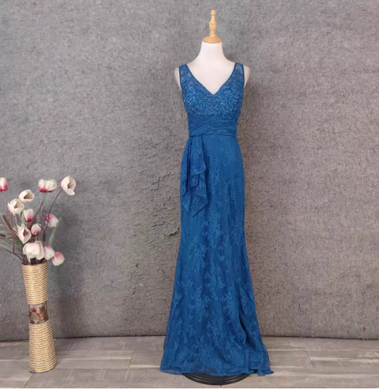 Elegant Vintage Royal Blue V-neck Lace Long Prom Dress Evening Dress P4521