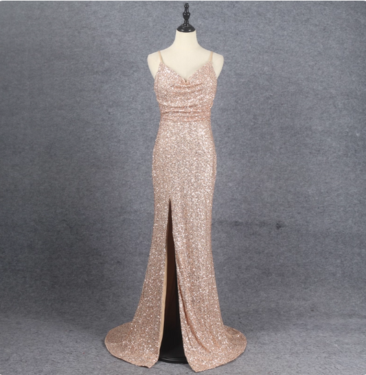 Shining Rose Gold Mermaid Spaghetti Strap V-neck Slit Sequin Long Prom Dress Evening Dress P4522