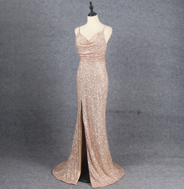 Glänzendes Abendkleid aus Pailletten in Roségold, Meerjungfrauen-Stil, Spaghettiträger, V-Ausschnitt, mit Schlitz, langes Ballkleid P4522