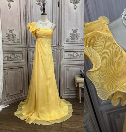 Elegant Bright Yellow A-line One-shoulder Ruched Floral-appliqué Chiffon Long Prom Dress Evening Dress P4523