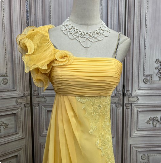 Elegant Bright Yellow A-line One-shoulder Ruched Floral-appliqué Chiffon Long Prom Dress Evening Dress P4523