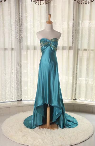 Elegant Peacock Blue Sweetheart Neck Embroidered Satin High-low Hem Prom Dress Evening Dress P4524