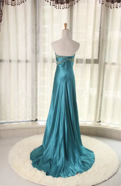 Elegant Peacock Blue Sweetheart Neck Embroidered Satin High-low Hem Prom Dress Evening Dress P4524
