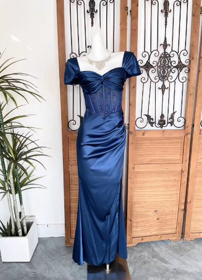 Vintage Dunkelblaues Meerjungfrau Puffärmel Satin Langes Ballkleid Abendkleid P4526