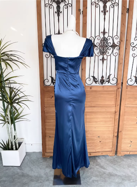 Vintage Navy Blue Mermaid Puff Sleeve Satin Long Prom Dress Evening Dress P4526