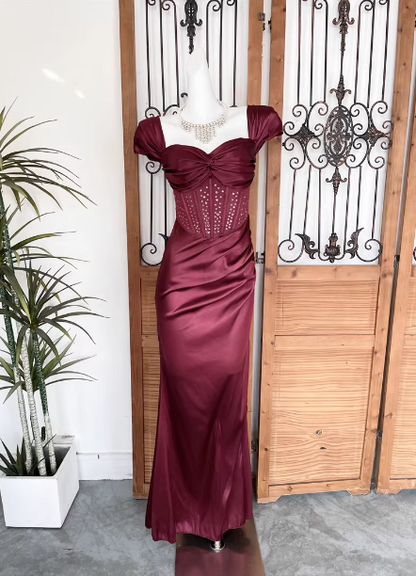 Vintage Dunkelblaues Meerjungfrau Puffärmel Satin Langes Ballkleid Abendkleid P4526