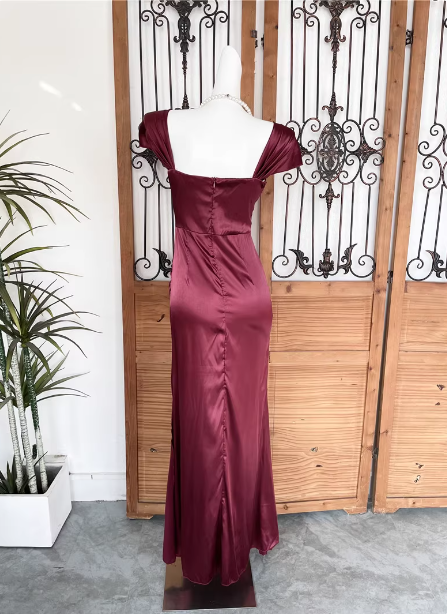 Vintage Navy Blue Mermaid Puff Sleeve Satin Long Prom Dress Evening Dress P4526