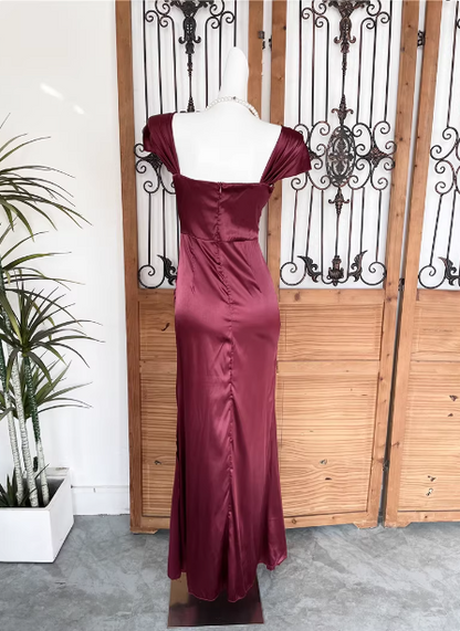 Vintage Dunkelblaues Meerjungfrau Puffärmel Satin Langes Ballkleid Abendkleid P4526