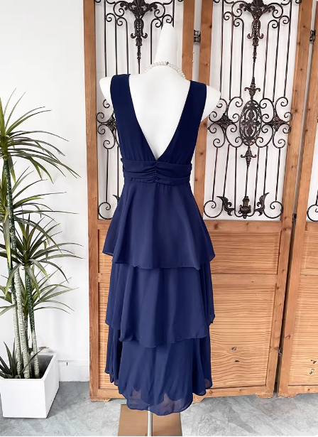 Elegant Navy Blue A-line V-neck Ruffled Layered Chiffon Prom Dress Evening Dress P4527
