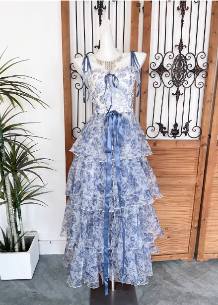 Sweet Blue and White Floral Printed Bow Ribbon Multi-layered Tiered Chiffon Long Prom Dress Evening Dress P4528