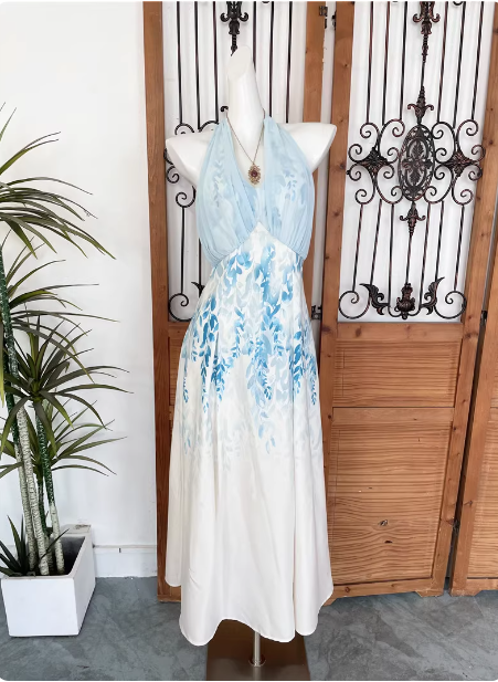 Fresh Printed A-line Halter Neck Satin Long Prom Dress Evening Dress P4529