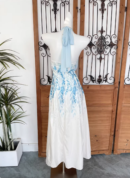 Frisch bedrucktes A-Linien Neckholder-Abendkleid aus Satin P4529