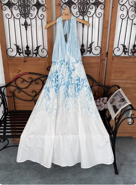 Fresh Printed A-line Halter Neck Satin Long Prom Dress Evening Dress P4529