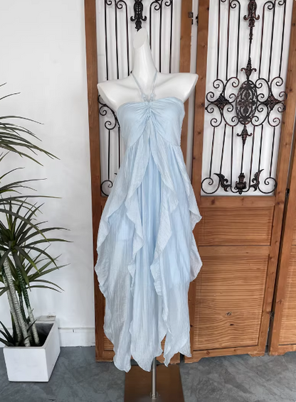 Niedliches himmelblaues Neckholder-Kleid mit Raffung, Rüschen und Chiffon, langes Ballkleid Abendkleid P4530