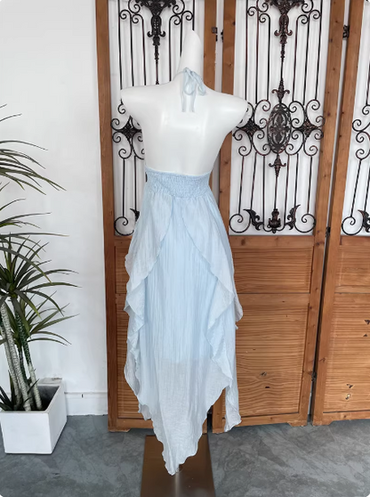 Niedliches himmelblaues Neckholder-Kleid mit Raffung, Rüschen und Chiffon, langes Ballkleid Abendkleid P4530