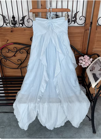 Niedliches himmelblaues Neckholder-Kleid mit Raffung, Rüschen und Chiffon, langes Ballkleid Abendkleid P4530