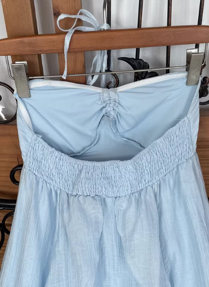 Niedliches himmelblaues Neckholder-Kleid mit Raffung, Rüschen und Chiffon, langes Ballkleid Abendkleid P4530