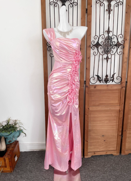 Iridescent Pink Mermaid One-shoulder 3D Floral Slit Satin Long Prom Dress Evening Dress P4531