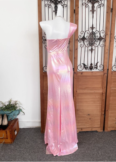 Iridescent Pink Mermaid One-shoulder 3D Floral Slit Satin Long Prom Dress Evening Dress P4531