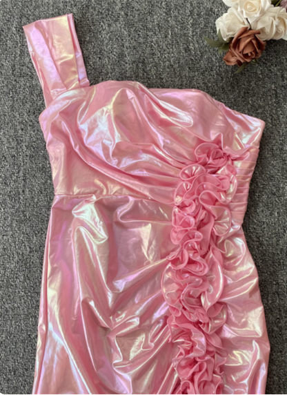 Irisierendes Pink Meerjungfrau One-Shoulder 3D Blumen Schlitz Satin Langes Ballkleid Abendkleid P4531